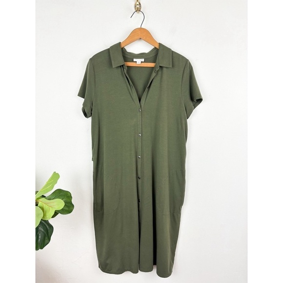 J. Jill Green Button Front Pima Cotton Modal Blend Shirt Dress Sz M - Picture 2 of 9